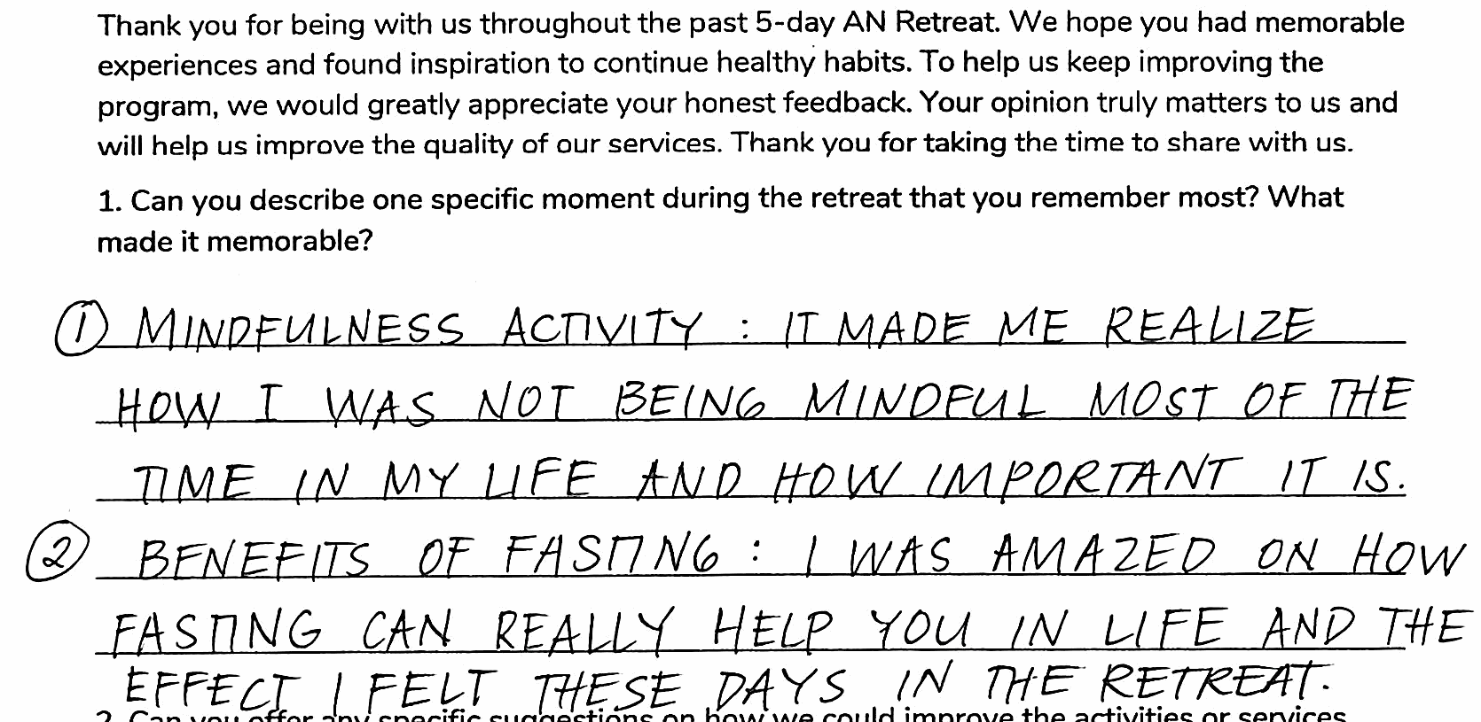 Handwritten excerpt from Raymond Joseph M. Quilendrino's An Retreat feedback